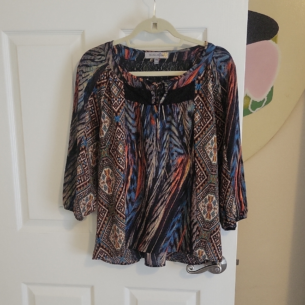 Figueroa & flower SzPM Boho vneck, tie Multicolor Patterned Blouse lace accents